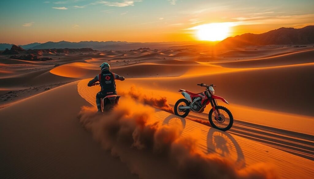 lose-up of a Moto Enduro bike in the sandy landscape of Merzouga