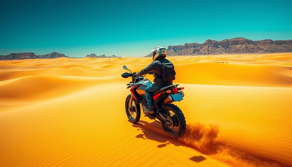 Rider on a Moto Enduro bike in the Merzouga desert