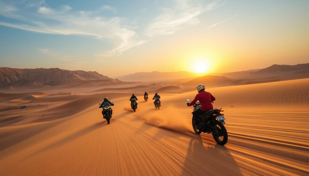 Excited riders on Moto Enduro bikes against the backdrop of Merzouga dunes