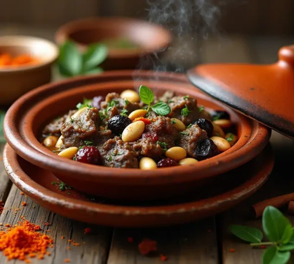 a steaming moroccan tagine in a traditional clay pot filled with tender lamb prunes and almonds gar 1